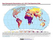 Map: GPWv4 Rev11: Basic Demographic Characteristics (2010): Total Dependency Ratio