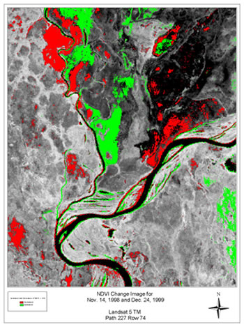 Normalized Difference Vegetation Index (NDVI): increases (green) and decreases (red) of greater than 15 percent