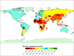 Global map showing overall Environmental Performance Index (EPI)