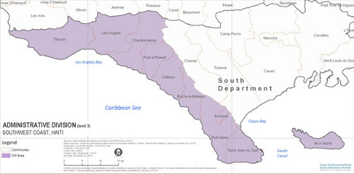 A map of southwestern Haiti showing the area of intervention of the Côte du Sud Initiative, Haiti. Source: CIESIN, 2010