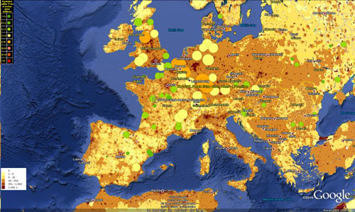 Map of population density in reaction to nuclear reactors worldwide.