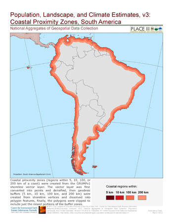 Map showing population, landscape, and climate estimates for coastal proximity zones in South America