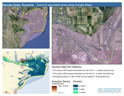 A zoom in screen shot of populated areas of Danube Delta, Romania