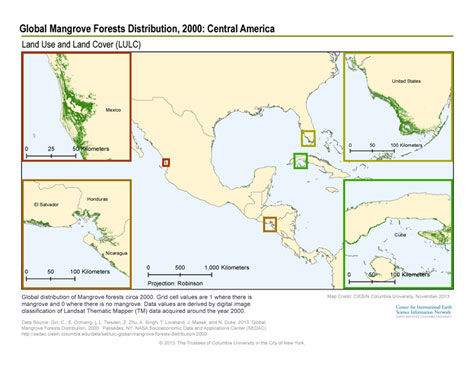 Map of mangroves distribution, 2000, Central America