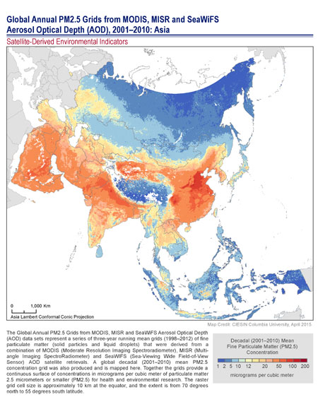 Map showing particular matter 2.5 concentrations for Asia