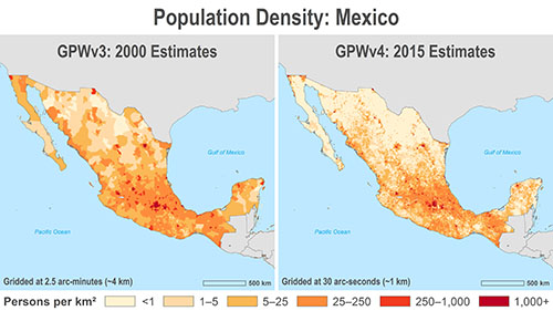 Comparison of population density in Mexico: GPWv3 estimates in 2000 (on the left) and GPWv4 estimates on the right (2015)