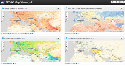 4-window view of data layers from SEDAC data holdings, via the updated SEDAC Map Client