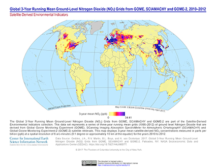 Map of Global 3-year running mean ground-level nitrogen dioxide (NO2) grids from GOME, SCIAMACHY and GOME-2, 2010-2012