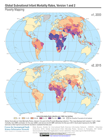 Comparison map of global subnational infant mortality rates, shows version 1 with data from the year 2000 postioned on top and version 2 with data from circa 2015 positioned on the bottom