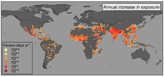 Global map shows annual municipality-level increases in the rate of urban population exposure to extreme heat for the years from 1983 through 2016.