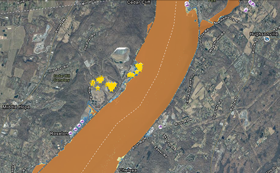 A zoomed-in area of Newburgh, New York, in the lower Hudson River Valley, shows  infrastructure along the river, vulnerable to flooding. Source: NYS FIDSS Mapper