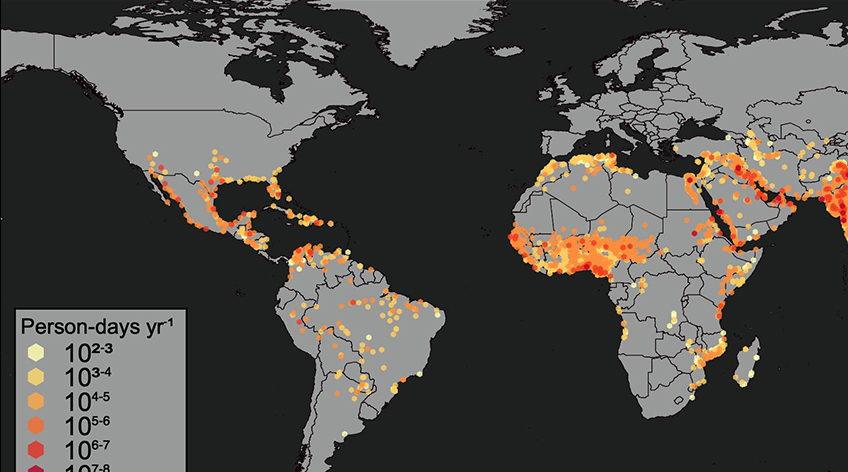 Thumbnail of global map showing annual municipality-level increases in the rate of urban population exposure to extreme heat for the years from 1983 through 2016.